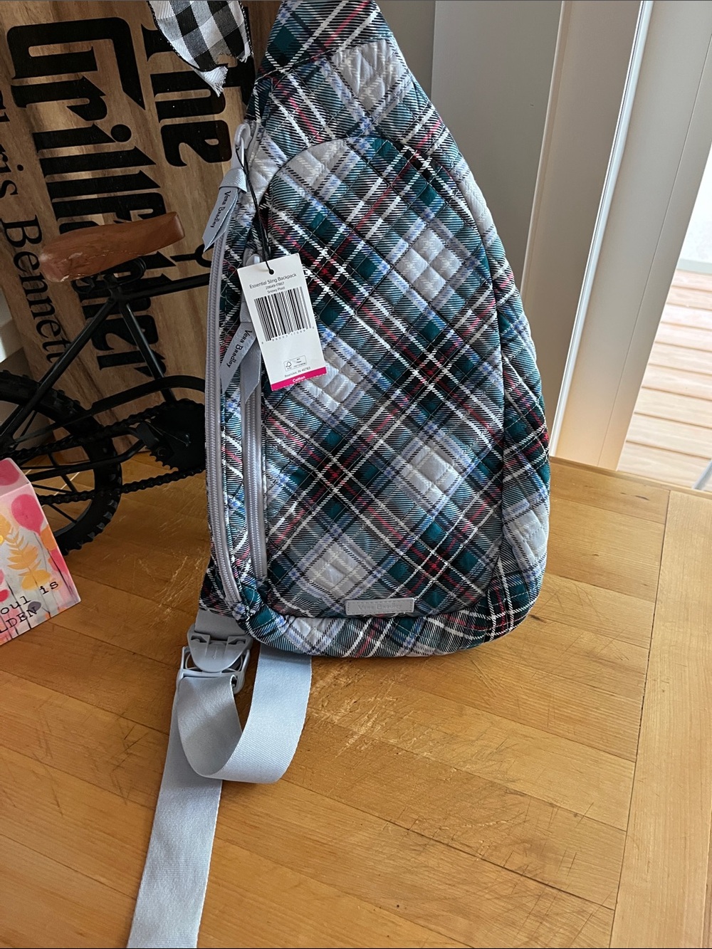 Vera Bradley Quilted Plaid Sling Belt Bag in Gray, Teal and Pink